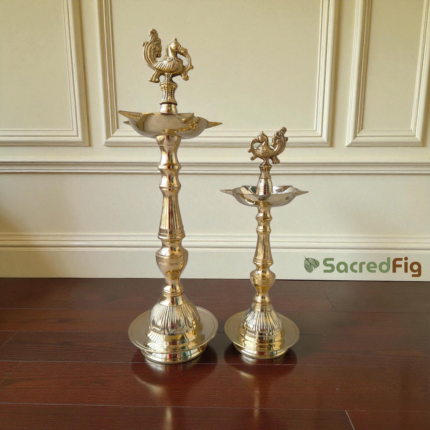 SacredFig Kerela Lamp with Peacock Motif in Brass | Brass Kerala Lamp, High Quality Premium Finish
