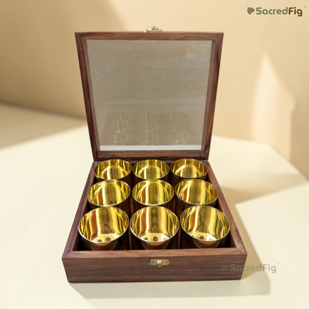 SacredFig Brass & Sheesham Wood Masala Box | Handcrafted Spice Box | 8.5 Inches
