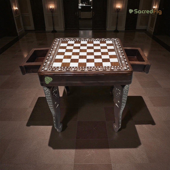 SacredFig Chess Table in Sheesham Wood, Premium Inlay Work | Indian Ha