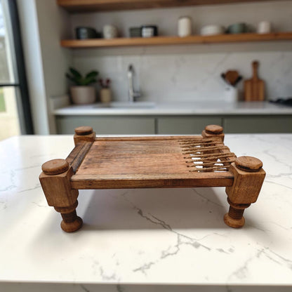 SacredFig Cot Design Tray | Wooden Serving Tray in rustic finish | Natural grain pattern (26x17 cm)