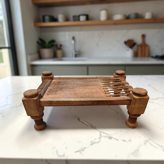SacredFig Cot Design Tray | Wooden Serving Tray in rustic finish | Natural grain pattern (26x17 cm)