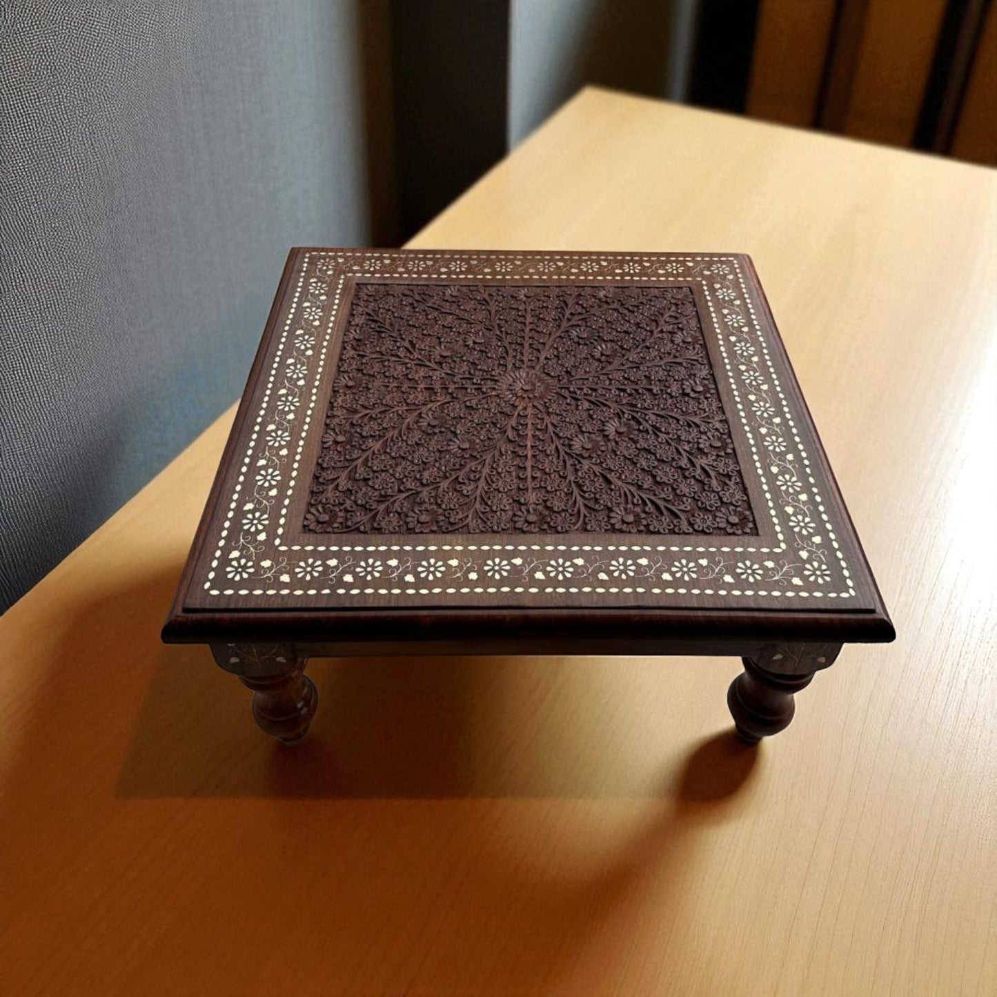 SacredFig Mesh of Flowers Chowki | Handcarved Intricate Heavy Floral Work | Sheesham Wood Chowki for Decor - 21 in