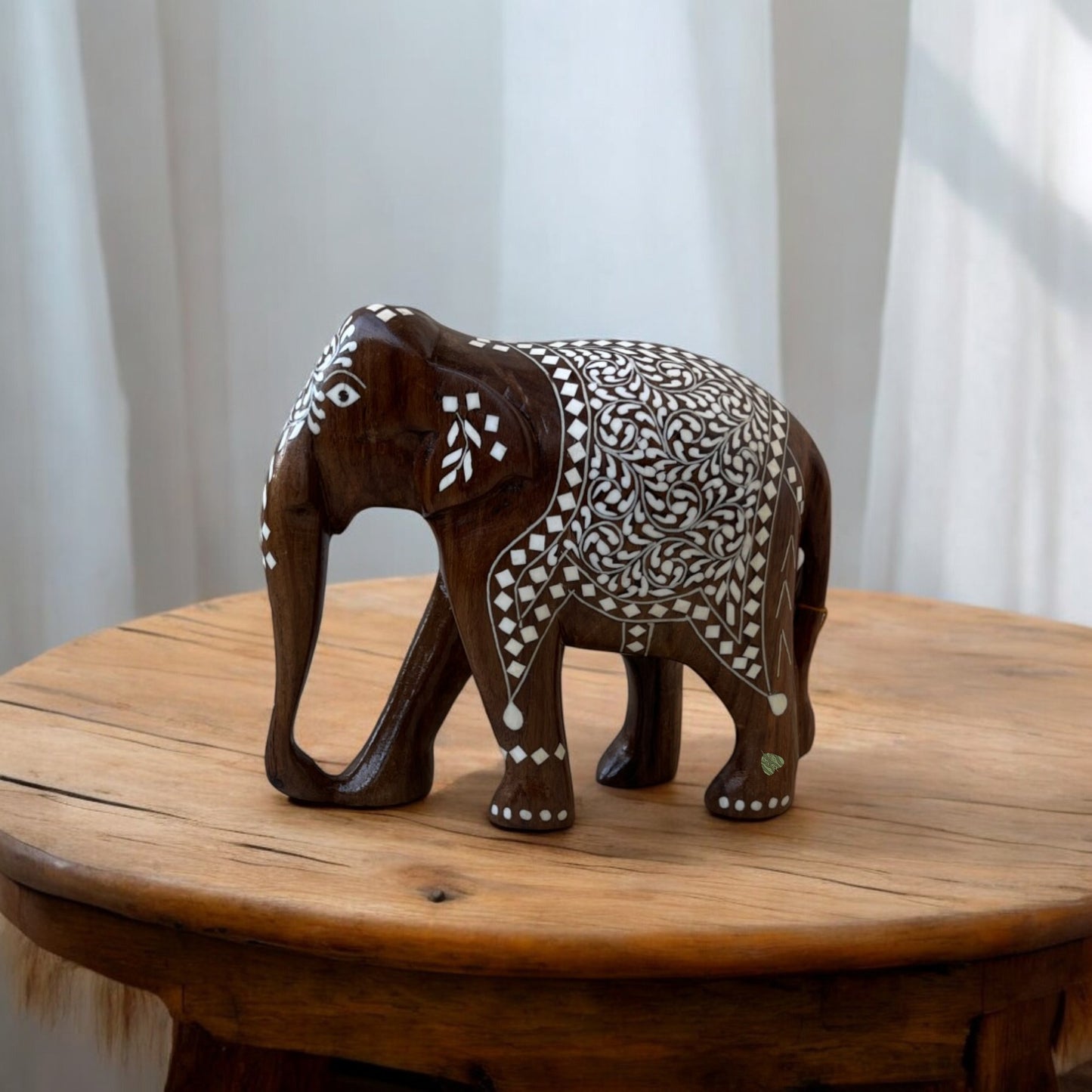 SacredFig Indian Elephants in White Work on Sheesham Wood (3,4,5,6 in) | Premium Home Decor