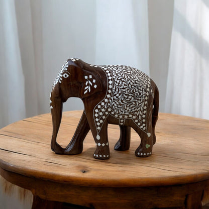SacredFig Indian Elephants in White Work on Sheesham Wood (3,4,5,6 in) | Premium Home Decor