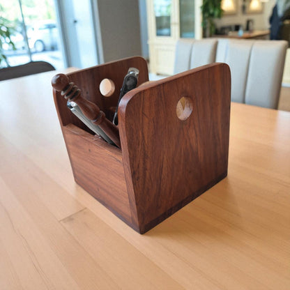 SacredFig Desk Organiser in Sheesham Wood | Premium 3 Compartment Compact Pen & Stationery Holder