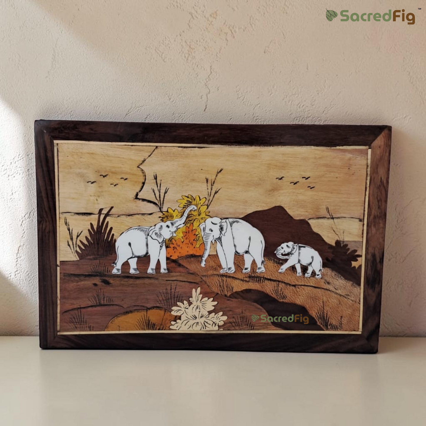 SacredFig Elephant Family Wooden Mysore Inlay Art Wall Frame | 12x18 In | Handmade Wooden Wall Decor | Traditional Artwork