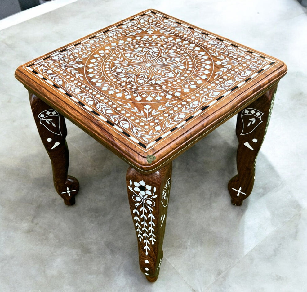 SacredFig Premium Wooden Decorative Square Table with Floral Design