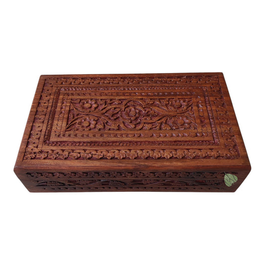 SacredFig Sheesham Wood Regal Gift Box, Floral Carving (10x6 inches)