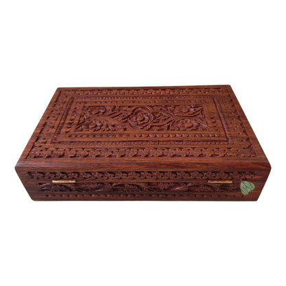 SacredFig Sheesham Wood Regal Gift Box, Floral Carving (10x6 inches)