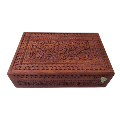 SacredFig Sheesham Wood Regal Gift Box, Floral Carving (12x8 inches)