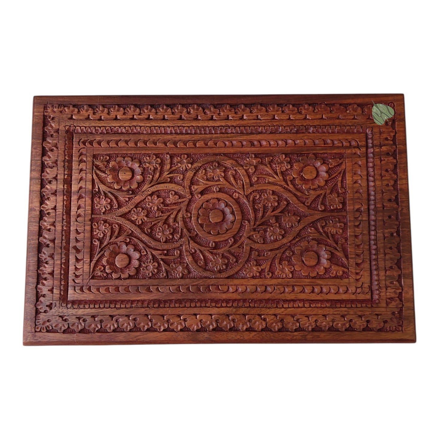 SacredFig Sheesham Wood Regal Gift Box, Floral Carving (12x8 inches)