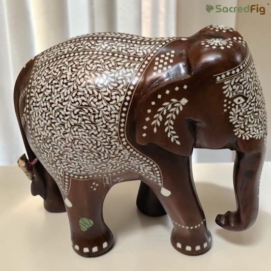 SacredFig Handcrafted Sheesham Wood Elephant – White Inlay Work | Wax Polished Finish | 12 In | Vaastu Decorative Showpiece
