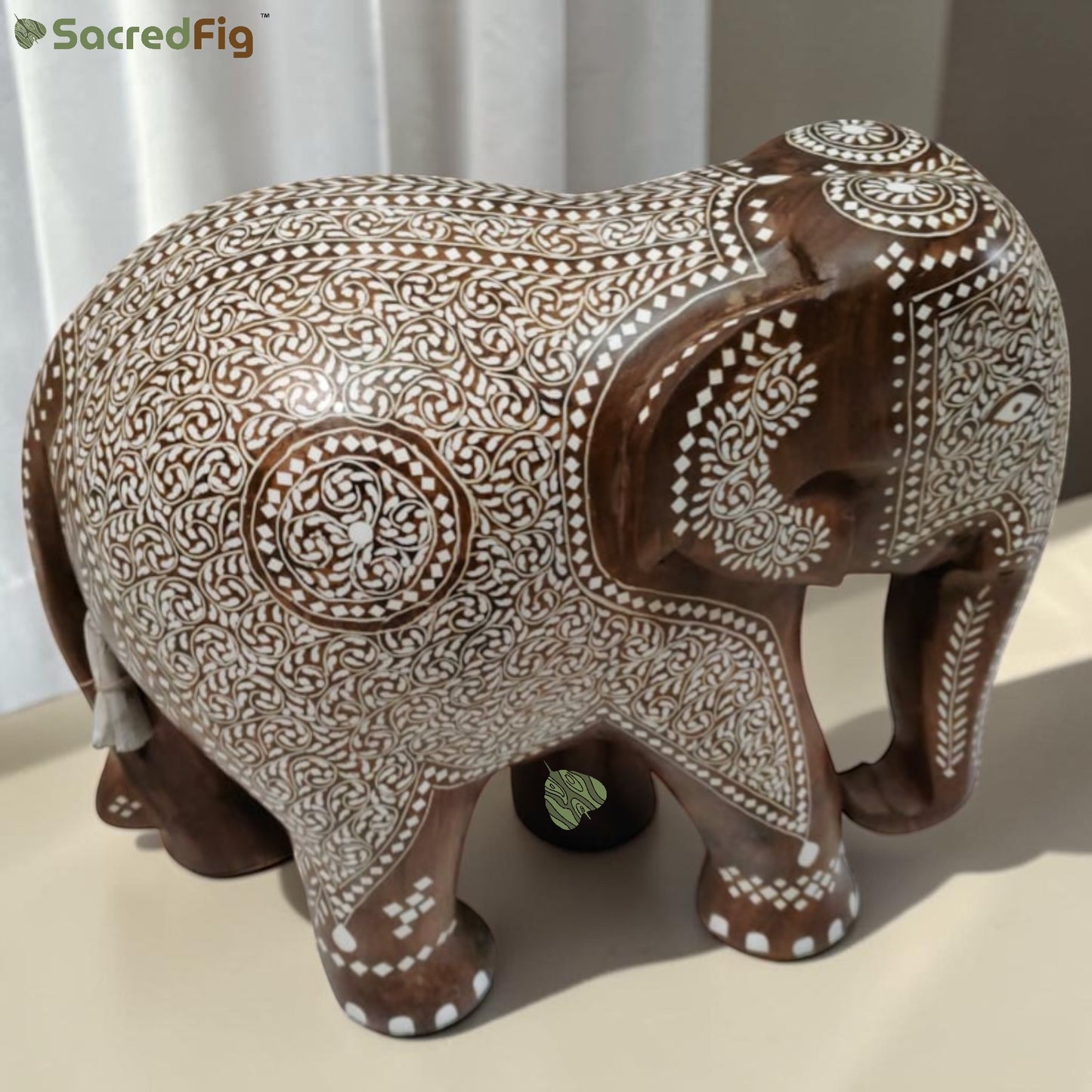 SacredFig Indian Elephant - Sheesham Wood Inlay Work | 14 In | Premium Decorative Showpiece