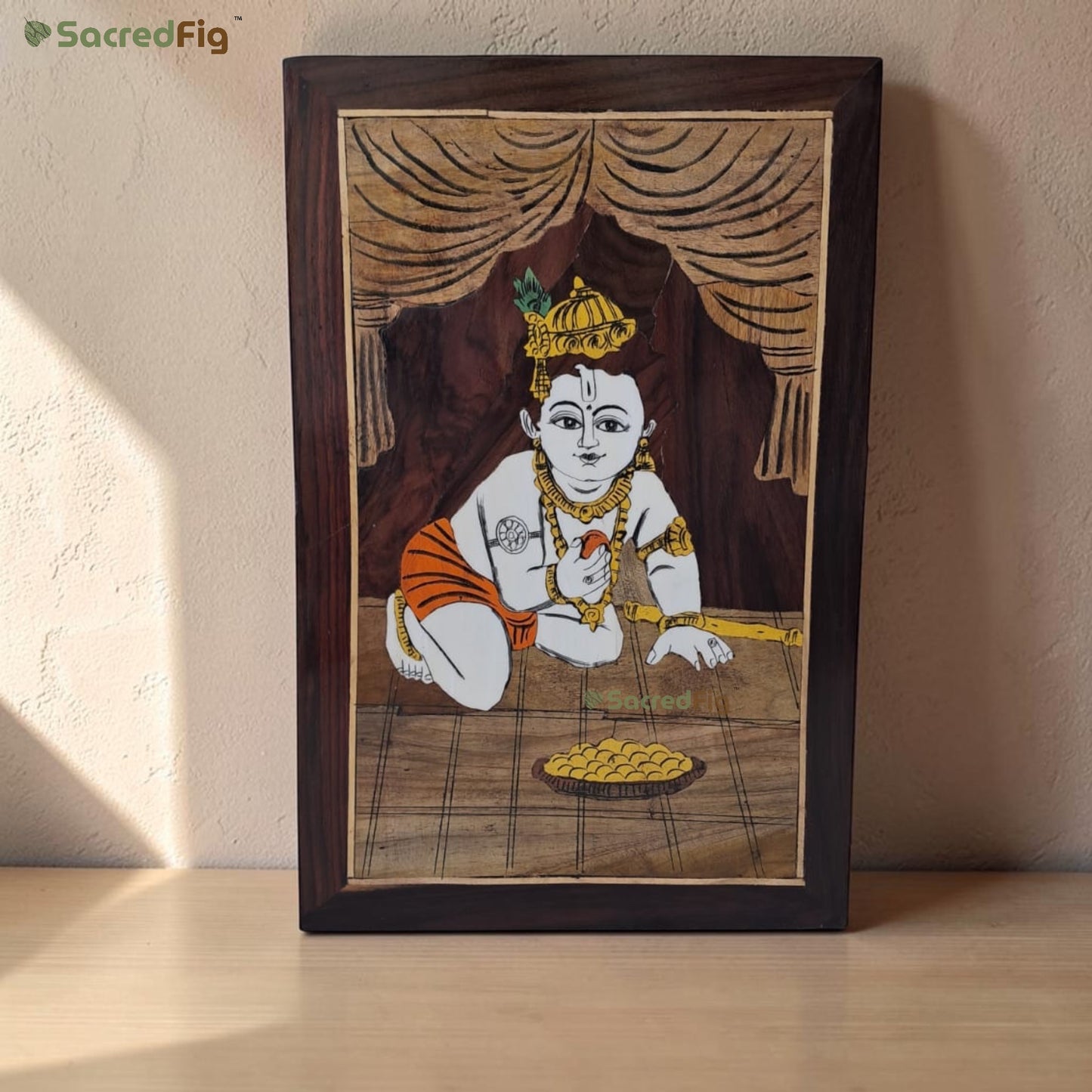 SacredFig Krishna Wooden Mysore Inlay Art  Wall Frame | 12x18 In | Handmade Wooden Wall Decor | Traditional Artwork