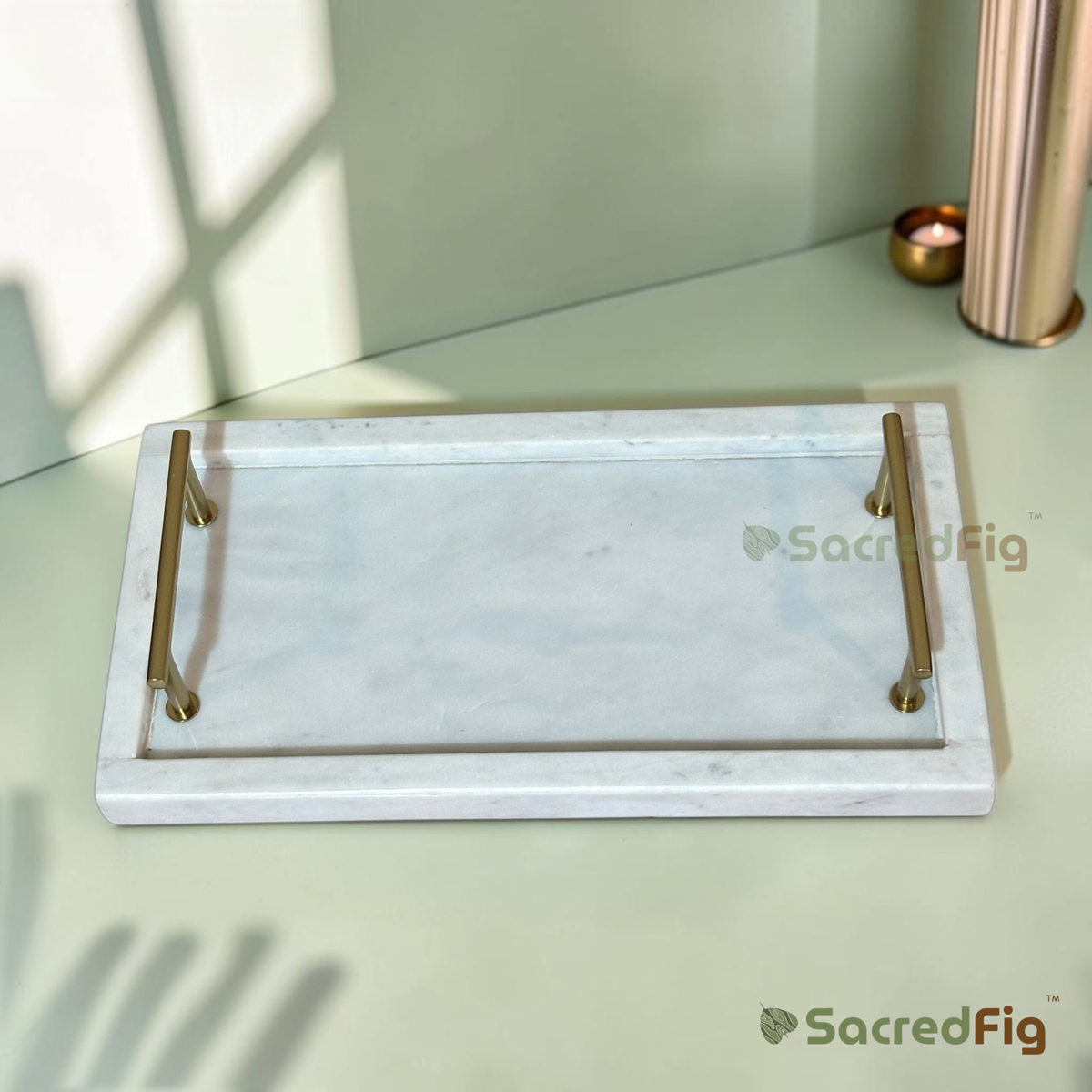 SacredFig Pearl Premium Tray with Metal Handle | Serving & Decorative Tray | 12 x 6 In