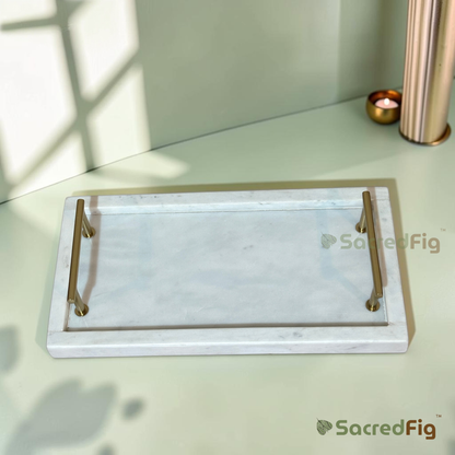 SacredFig Pearl Premium Tray with Metal Handle | Serving & Decorative Tray | 12 x 6 In