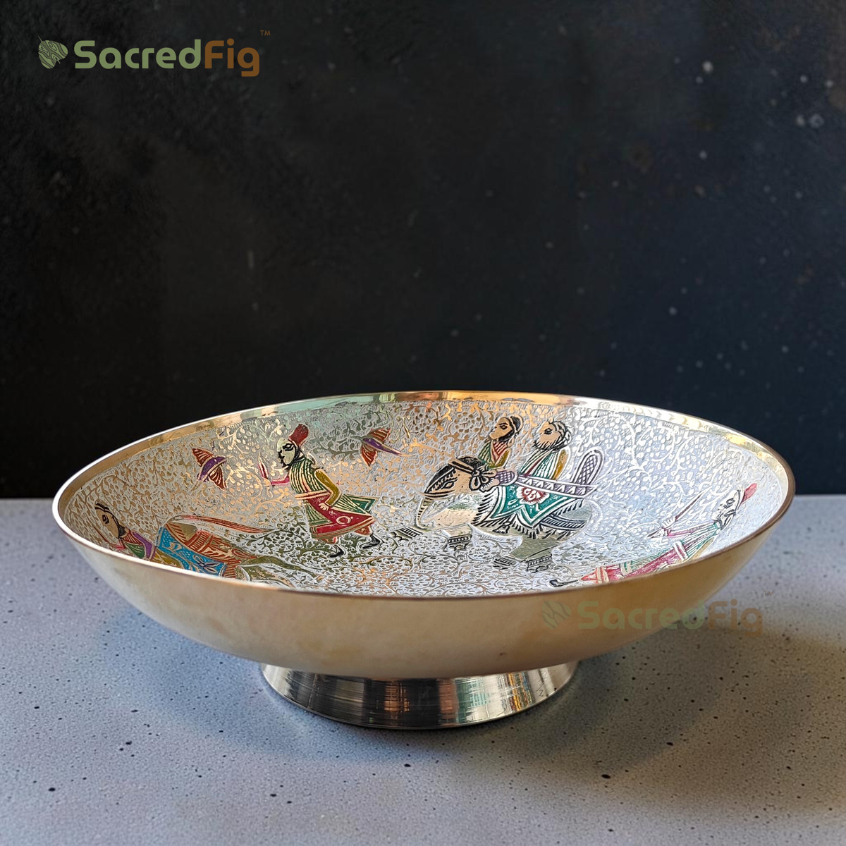 SacredFig Shahi Brass Bowl | Handcrafted Meenakari Brass Bowl for Premium Gifting | 10 In. (d)