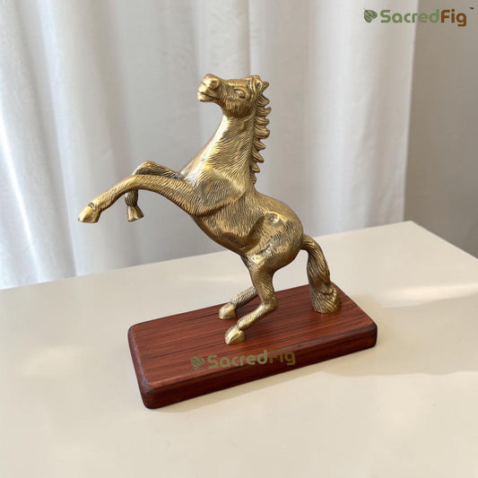 SacredFig Handcrafted Jumping Horse Metal Showpiece with Wooden Base – 9.5 In Golden Polish Decorative Figurine