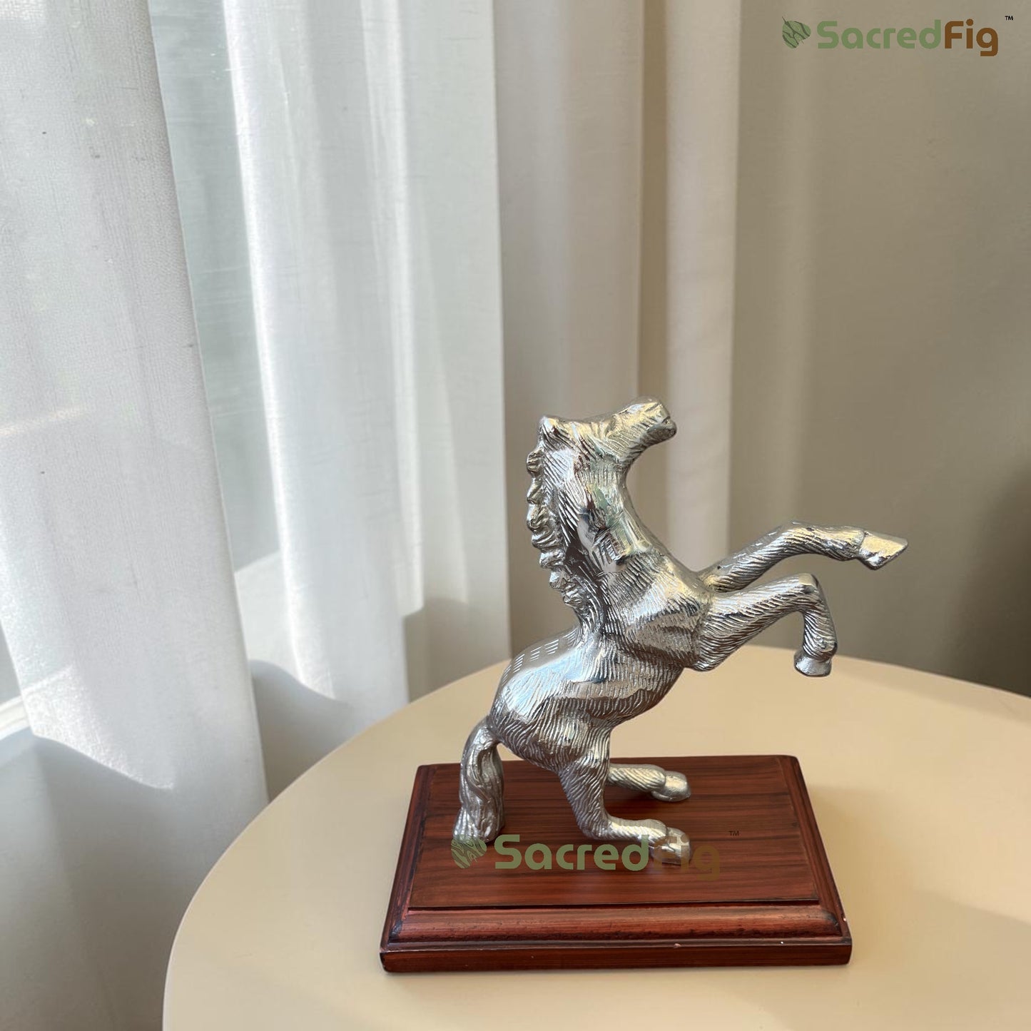 SacredFig Handcrafted Jumping Horse Metal Showpiece with Wooden Base –  7 In Silver Polish Decorative Figurine