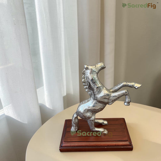SacredFig Handcrafted Jumping Horse Metal Showpiece with Wooden Base –  7 In Silver Polish Decorative Figurine