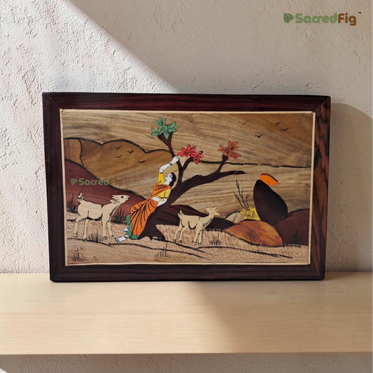 SacredFig Nature's Play Wooden Mysore Inlay Art Wall Frame | 12x18 In| Handmade Wooden Wall Decor | Traditional Artwork