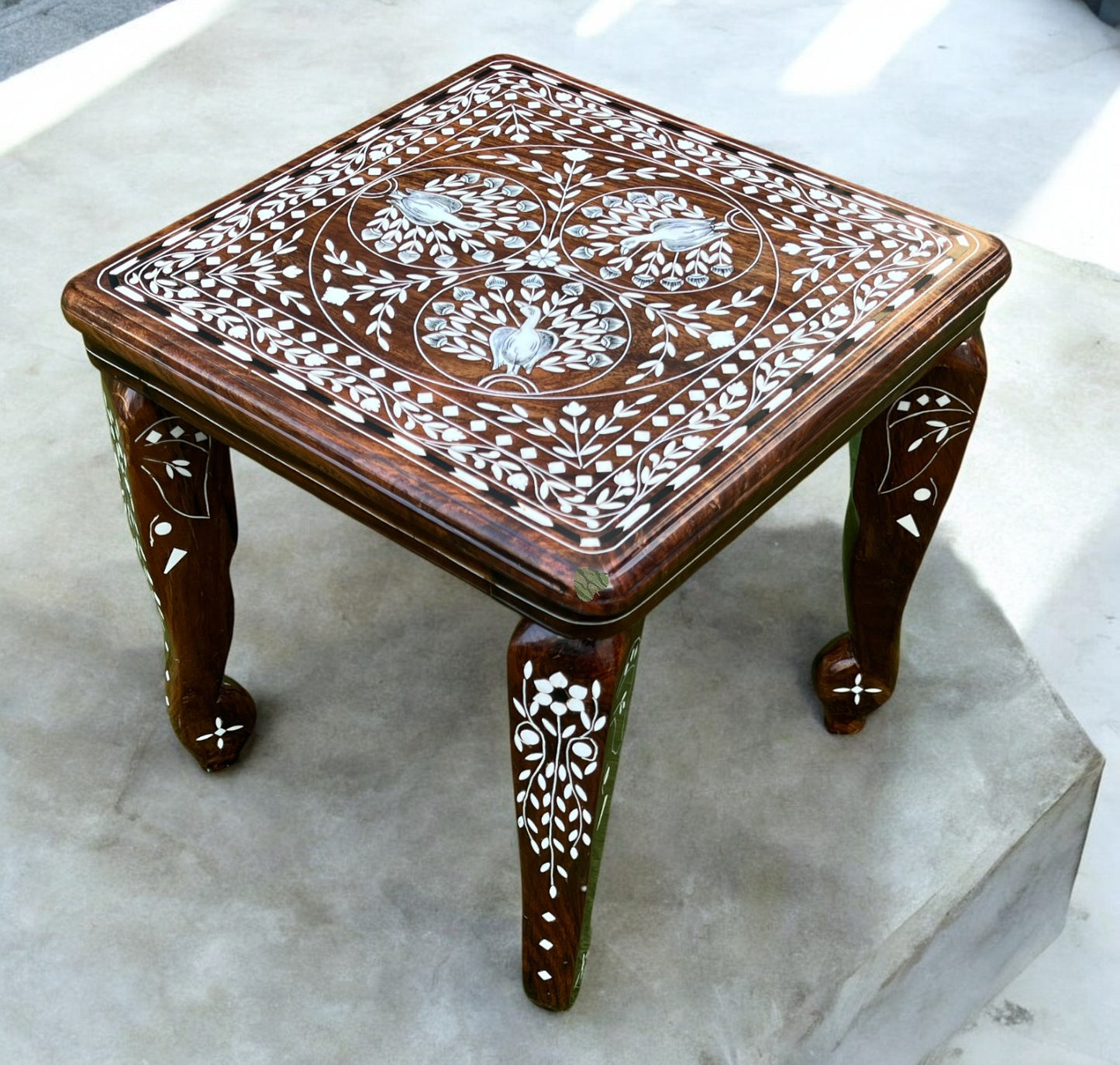 SacredFig Premium Wooden Decorative Square Table with Peacock motif , 12 in