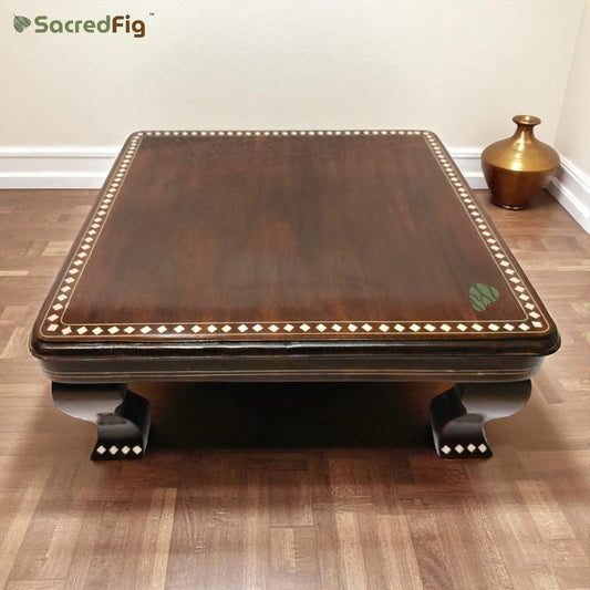 Premium Sheesham Wood Pooja Chowki by SacredFig | Minimalist Design | Inlay Work - 16 x 16 in