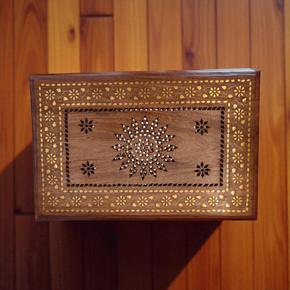 SacredFig Handcrafted Chowki | Pooja Chowki in Sheesham Wood | Intricate Brass Inlay Work  (18x12 in)