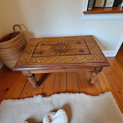 SacredFig Handcrafted Chowki | Pooja Chowki in Sheesham Wood | Intricate Brass Inlay Work  (18x12 in)