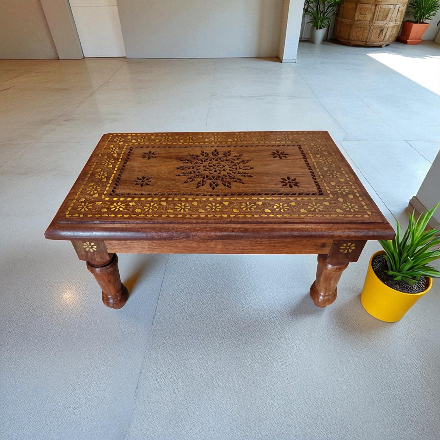 SacredFig Handcrafted Chowki | Pooja Chowki in Sheesham Wood | Intricate Brass Inlay Work  (18x12 in)