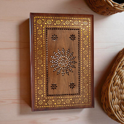 SacredFig Handcrafted Chowki | Pooja Chowki in Sheesham Wood | Intricate Brass Inlay Work  (18x12 in)