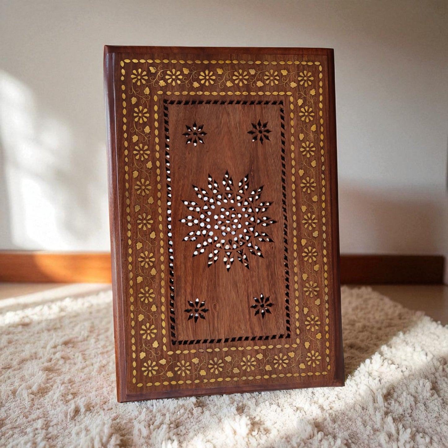 SacredFig Handcrafted Chowki | Pooja Chowki in Sheesham Wood | Intricate Brass Inlay Work  (18x12 in)