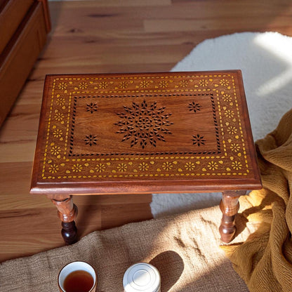 SacredFig Handcrafted Chowki | Pooja Chowki in Sheesham Wood | Intricate Brass Inlay Work  (18x12 in)