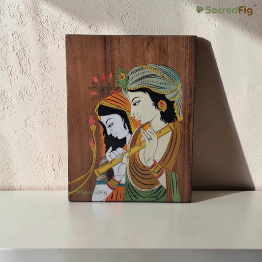 SacredFig Radhe Krishna Harmony Wooden Colored Inlay Art Wall Frame |8 x 10 In| Handmade Wooden Wall Décor Traditional Artwork