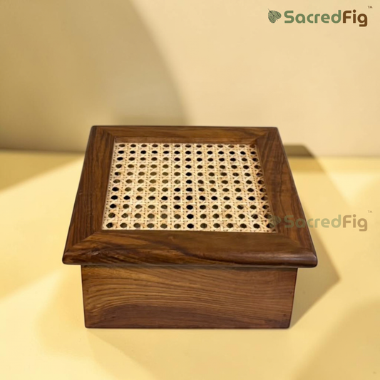 SacredFig Premium Sheesham Wood Rattan & Cane Gift Box | Luxury Wooden Gift Box, Hamper & Storage Box - L