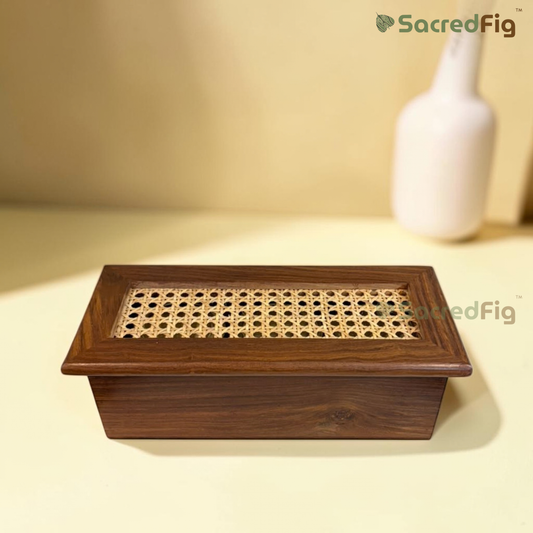 SacredFig Premium Sheesham Wood Rattan & Cane Gift Box | Luxury Wooden Gift Box, Hamper & Storage Box - M