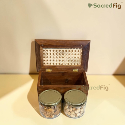 SacredFig Premium Sheesham Wood Rattan & Cane Gift Box | Luxury Wooden Gift Box, Hamper & Storage Box - S