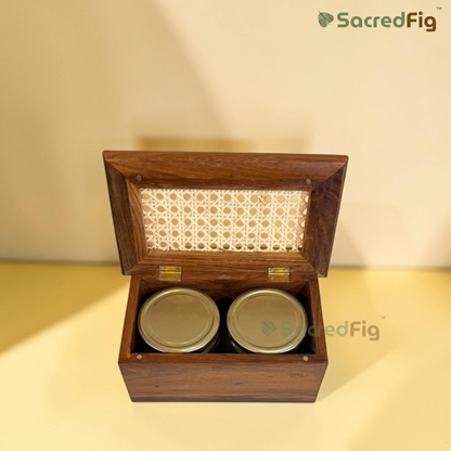 SacredFig Premium Sheesham Wood Rattan & Cane Gift Box | Luxury Wooden Gift Box, Hamper & Storage Box - S