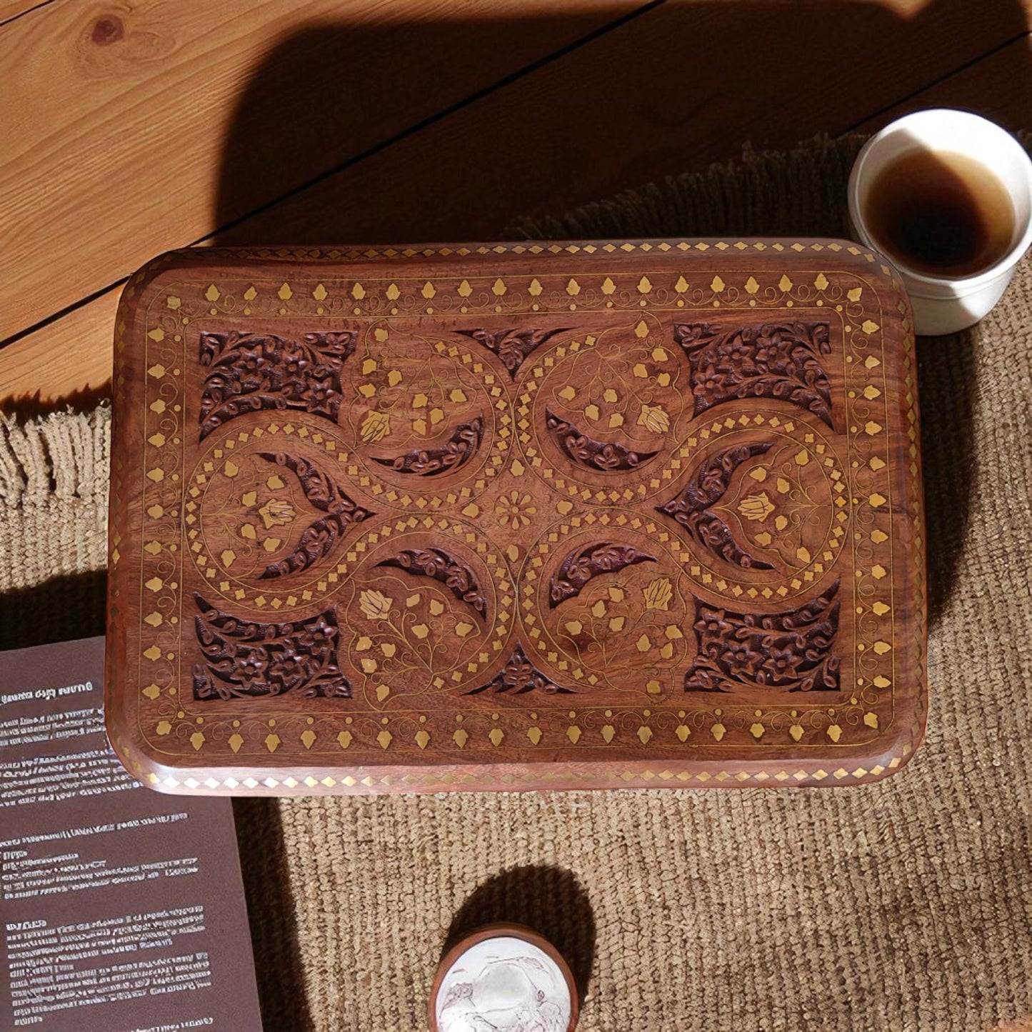 SacredFig Handcrafted Decorative Table| Coffee Table in Sheesham Wood | Intricate Brass Inlay Work  (18x12 in)