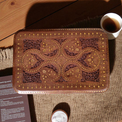 SacredFig Handcrafted Decorative Table| Coffee Table in Sheesham Wood | Intricate Brass Inlay Work  (18x12 in)