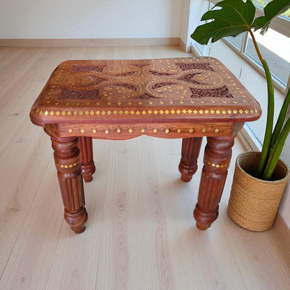 SacredFig Handcrafted Decorative Table| Coffee Table in Sheesham Wood | Intricate Brass Inlay Work  (18x12 in)