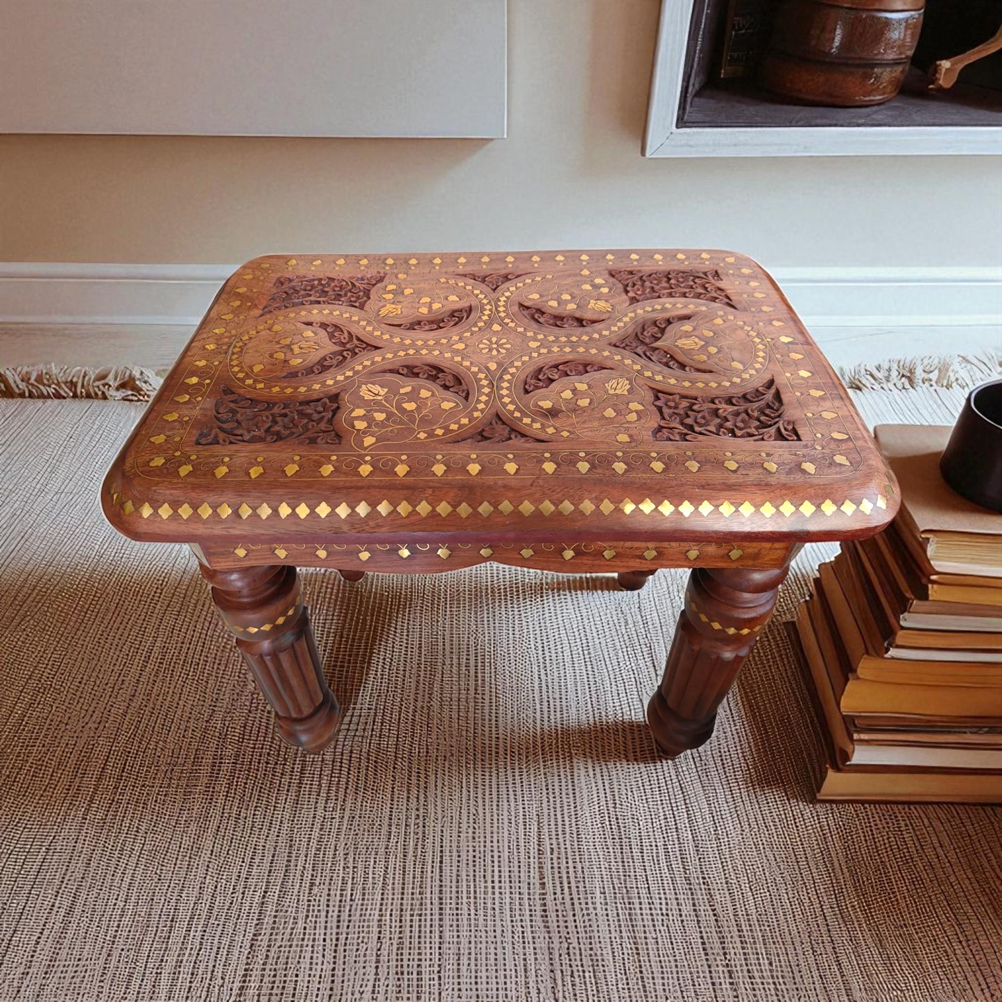 SacredFig Handcrafted Decorative Table| Coffee Table in Sheesham Wood | Intricate Brass Inlay Work  (18x12 in)