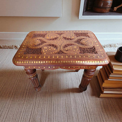 SacredFig Handcrafted Decorative Table| Coffee Table in Sheesham Wood | Intricate Brass Inlay Work  (18x12 in)