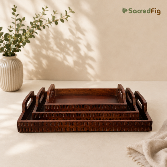 SacredFig Aura Premium Serving Tray Set of 3, Mango Wood | Handcrafted Wooden Serveware