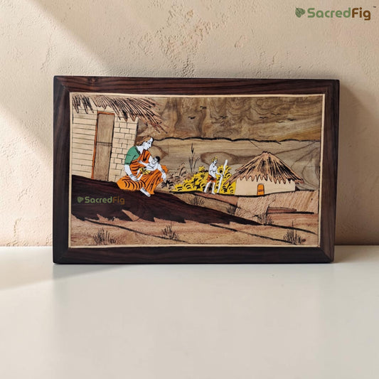 SacredFig Village Life Harmony Wooden Mysore Inlay Art Wall Decor | 12x18 In | Handmade Traditional Wooden Inlay Painting |  Home & Living Wall Art
