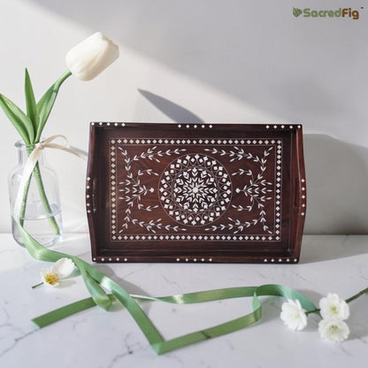 SacredFig Sheesham Wooden Rectangular  Tray with Floral Inlay | 15x10 in |  Decorative Serving Tray | Water-Resistant