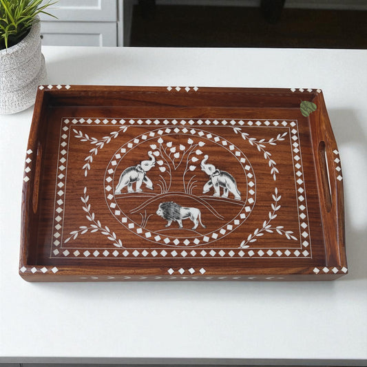 SacredFig Premium Sheesham Wood Tray with Handcarved Inlay Work - 15x10 in | Elephant & Lion Motifs | Water Resistant Glossy Finish