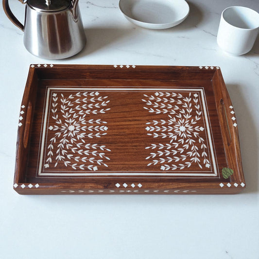 SacredFig Premium Sheesham Wood Tray with Handcarved Inlay Work - 15x10 in | Decorative Floral Bush Design | Water Resistant Glossy Finish