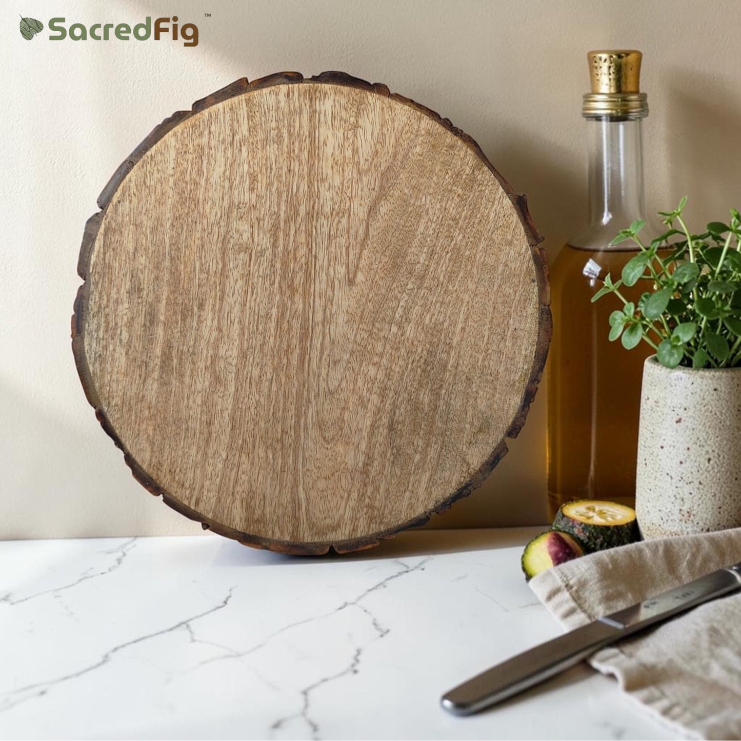 SacredFig Wooden Log Bark Wood Platter, Multipurpose use for Painting & Decor, Round Bark Wood Log