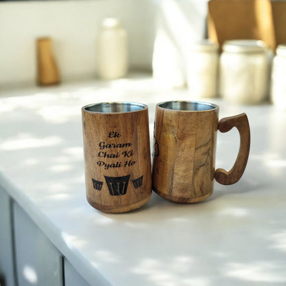 SacredFig Handcrafted Wooden Mug – 300ml | Stainless Steel Interior | Ideal for Tea, Coffee & More
